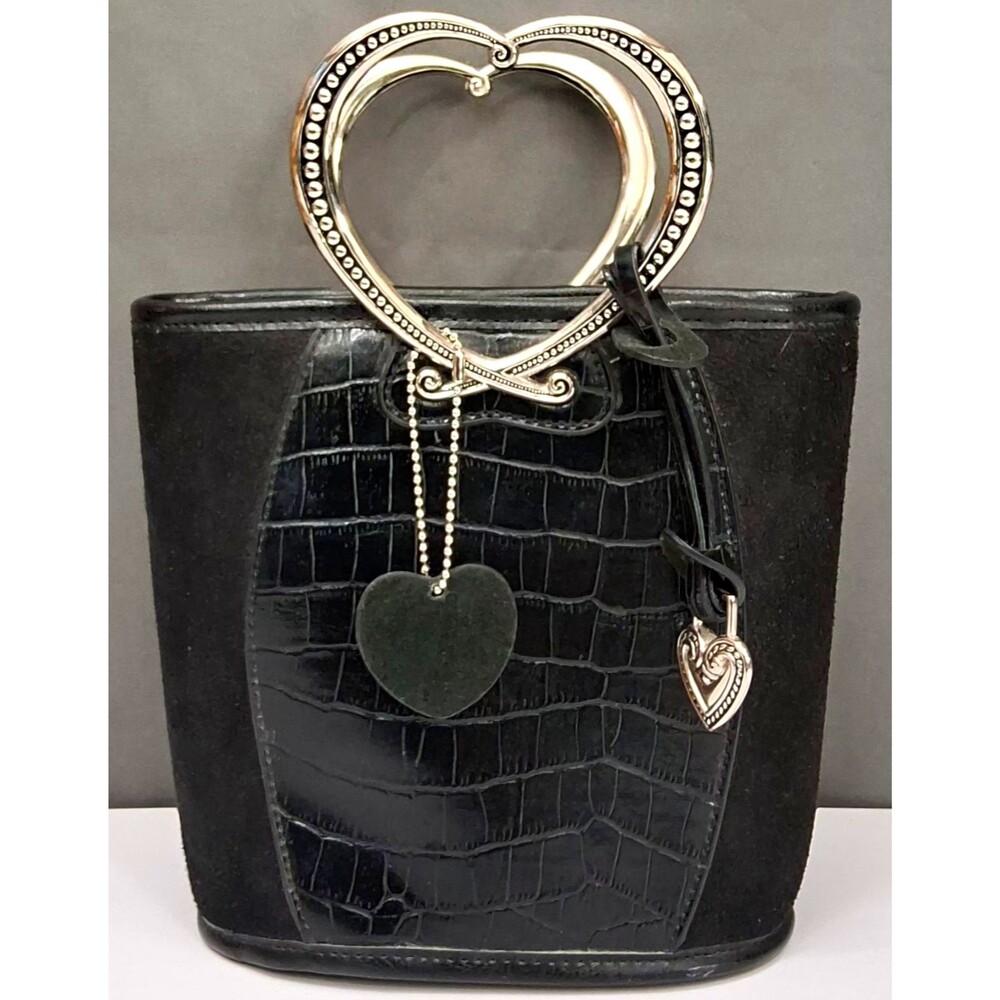 Vintage Brighton Corazon Black Croc Embossed Leather Heart Handle Bucket Bag